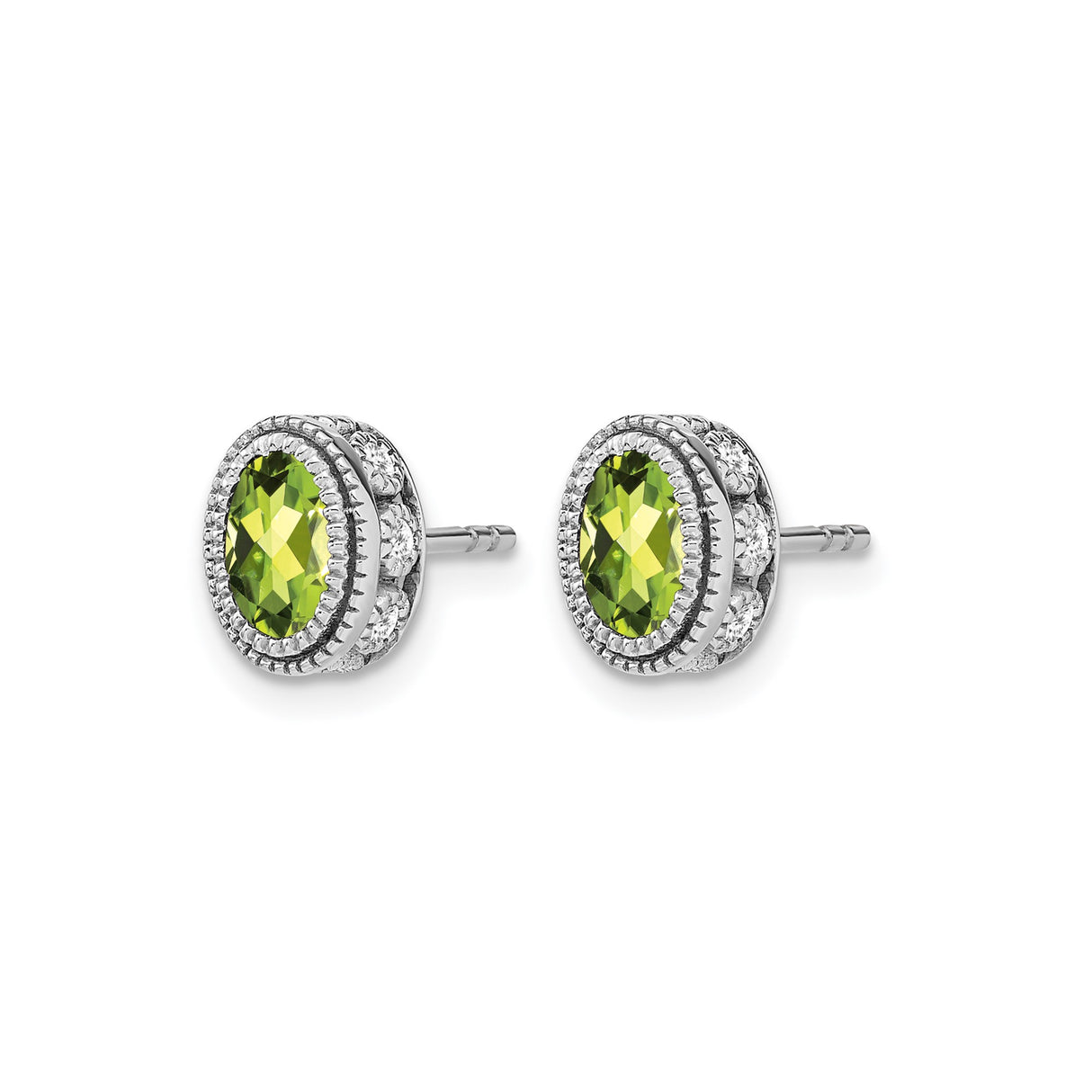 14k White Gold Stud Earrings with Oval Peridot and Diamond Accents, Halo Setting for Women