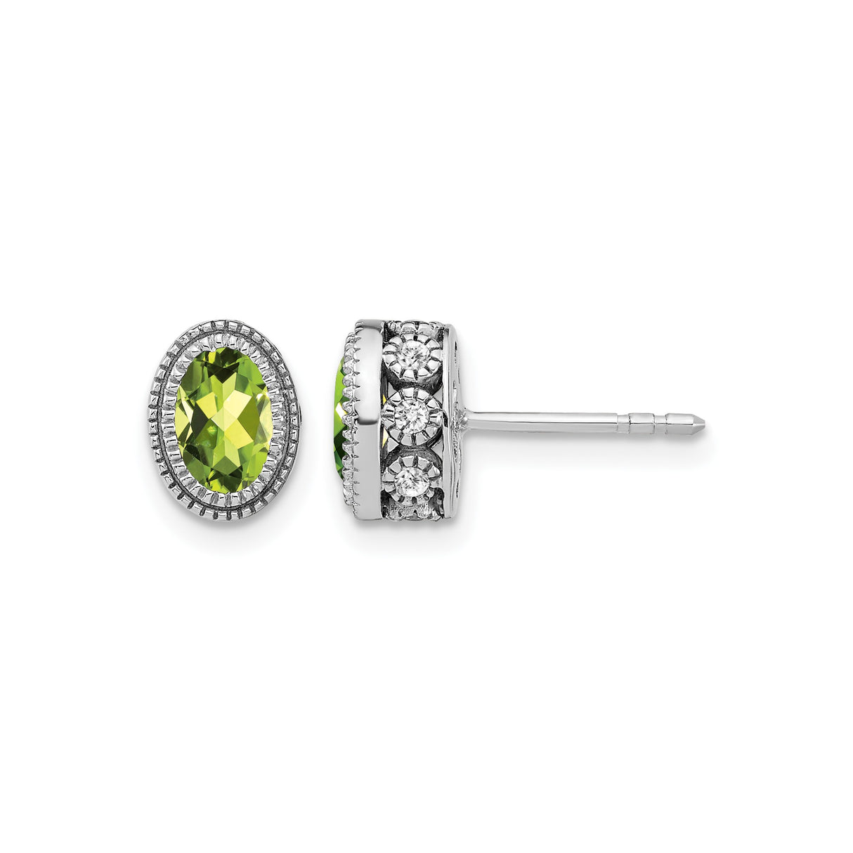14k White Gold Stud Earrings with Oval Peridot and Diamond Accents, Halo Setting for Women