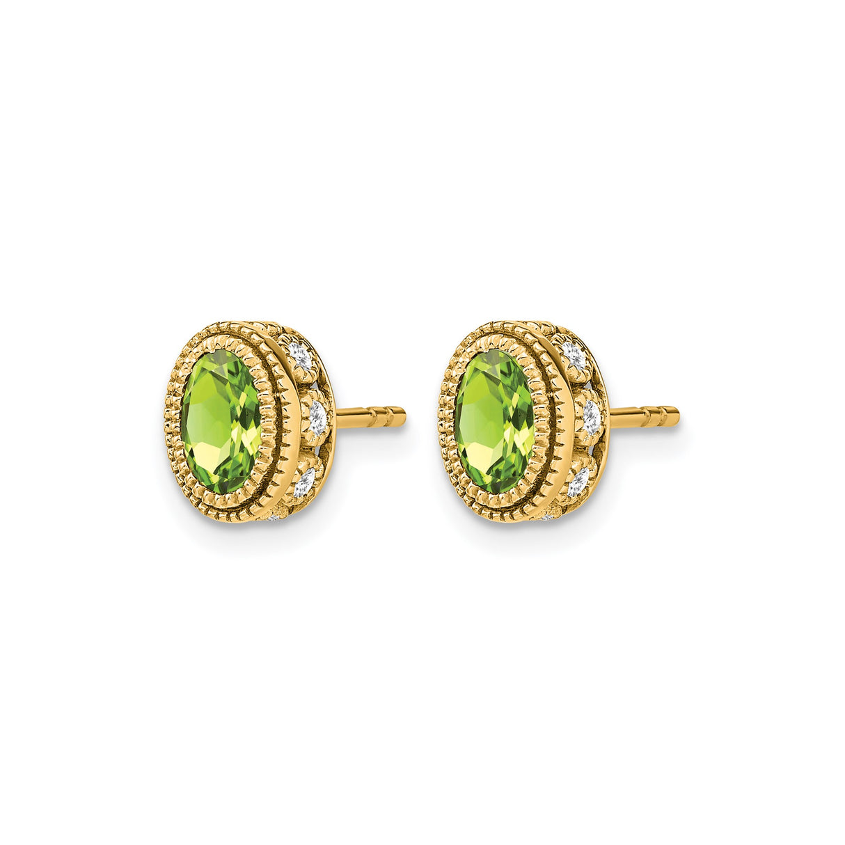 14k Yellow Gold Peridot Stud Earrings with Diamond Accents, Vintage Milgrain Halo Design