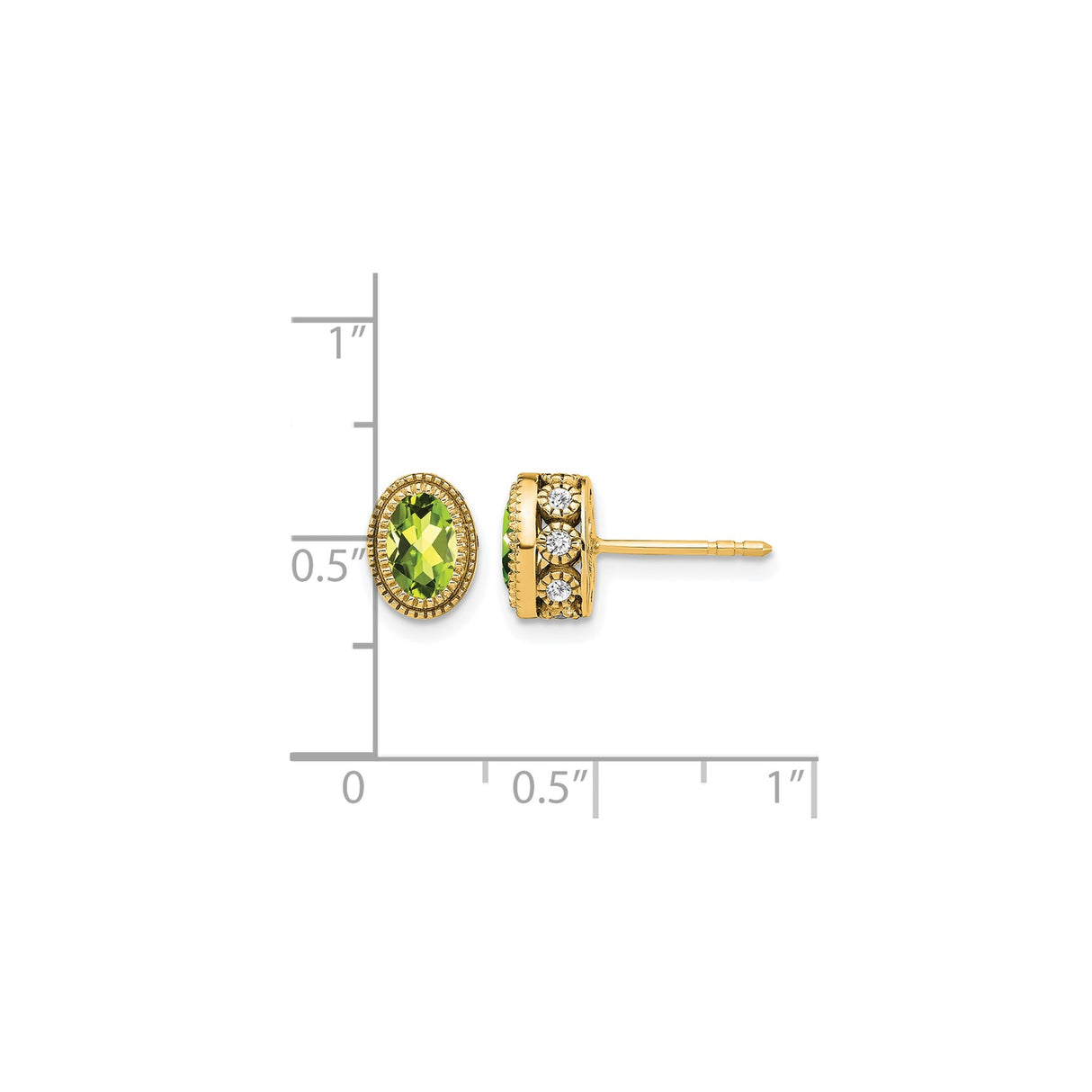 14k Yellow Gold Peridot Stud Earrings with Diamond Accents, Vintage Milgrain Halo Design