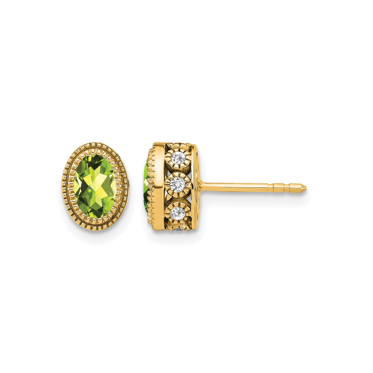 14k Yellow Gold Peridot Stud Earrings with Diamond Accents, Vintage Milgrain Halo Design