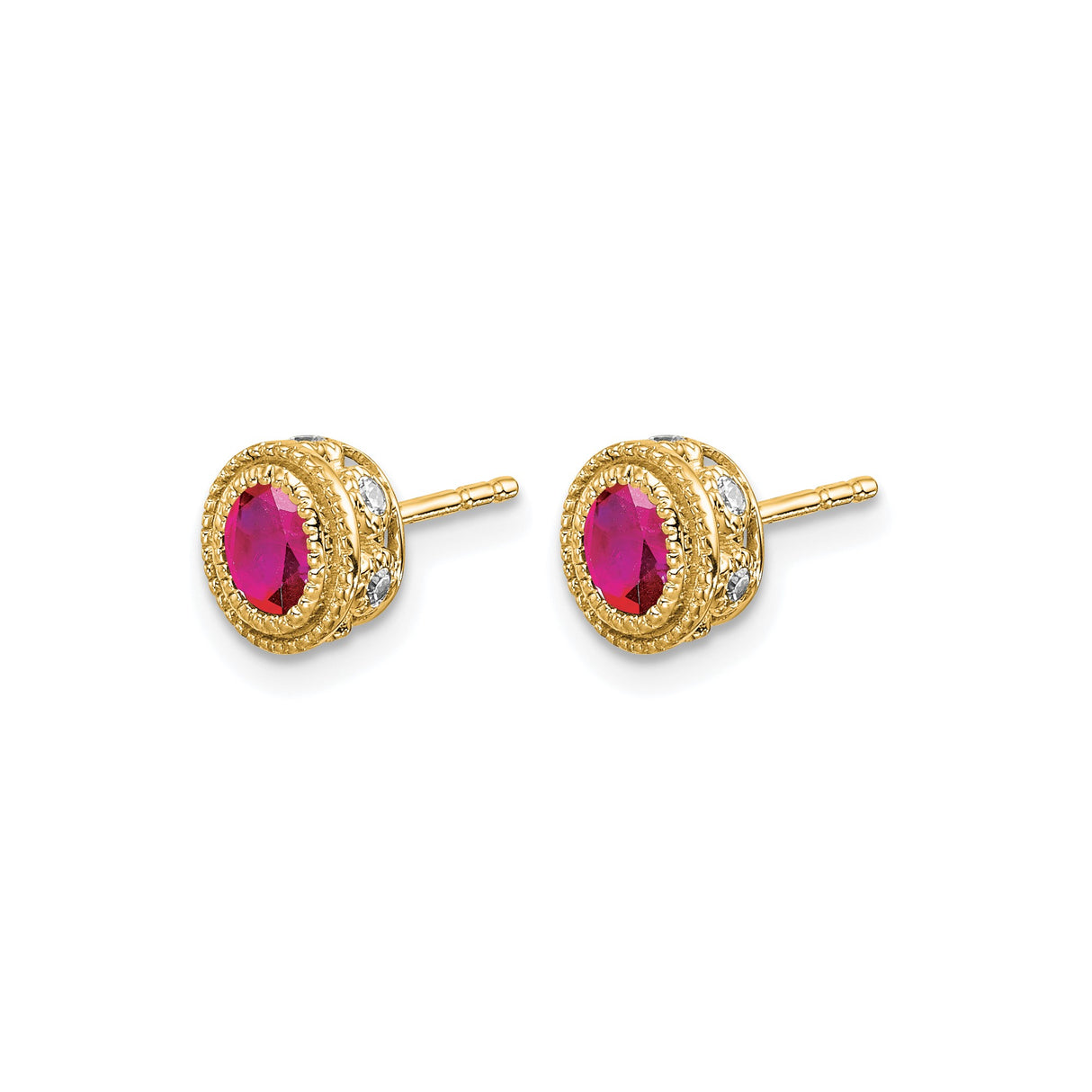 14k Yellow Gold Stud Earrings with Ruby Center and Diamond Accents, Vintage Milgrain Design