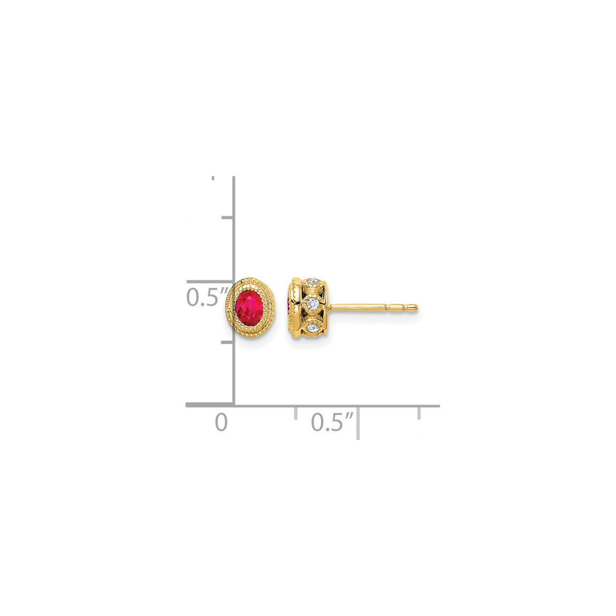 14k Yellow Gold Stud Earrings with Ruby Center and Diamond Accents, Vintage Milgrain Design
