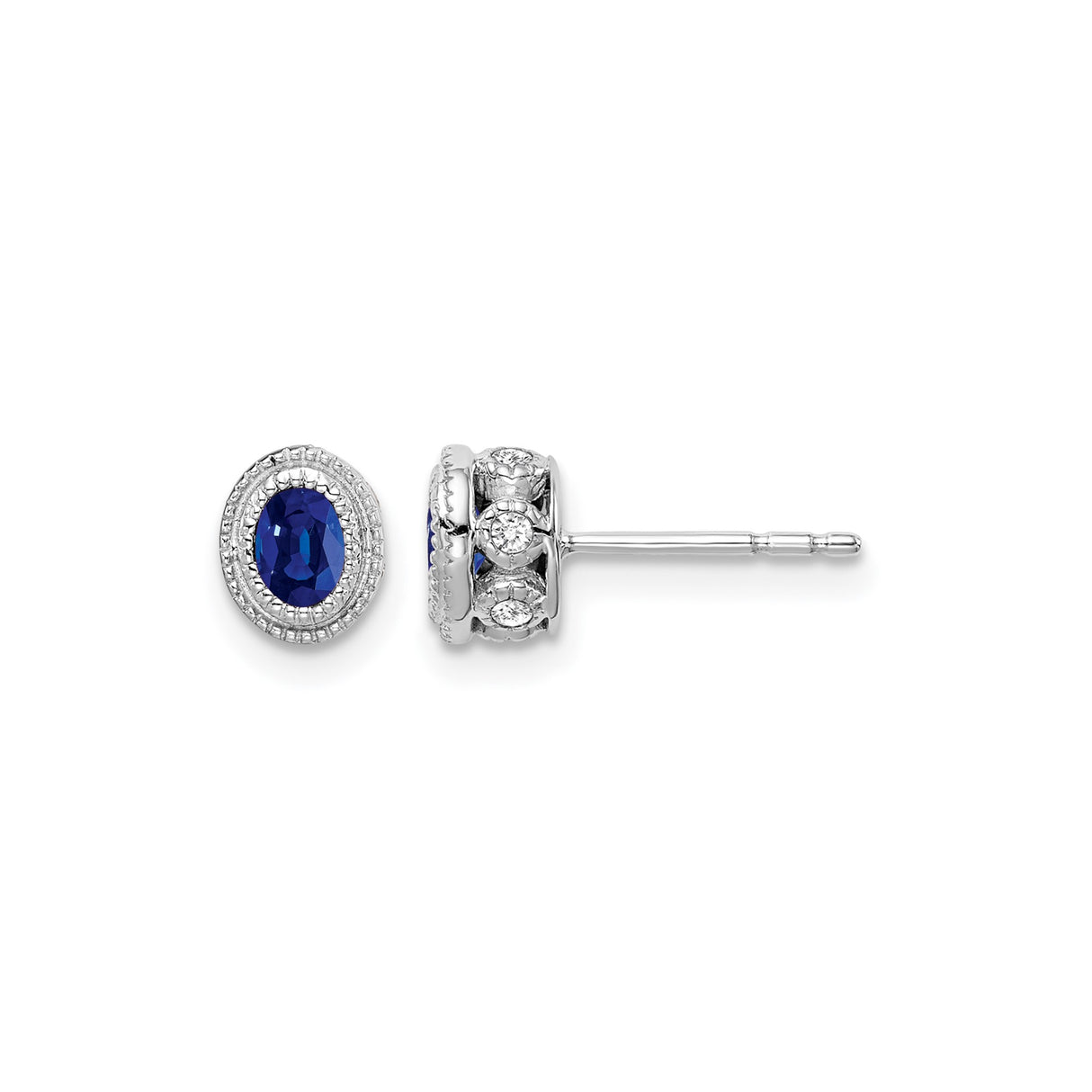 14k White Gold Sapphire Stud Earrings with Diamond Halo, Classic Oval Design for Women