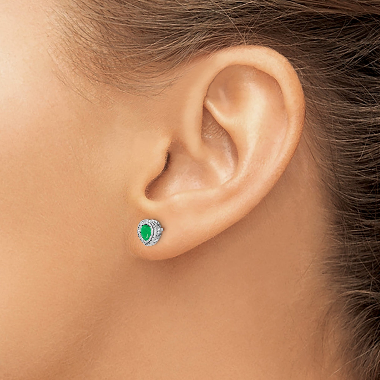 14k White Gold Earrings with Pear Shaped Emerald and Diamond Accents, Vintage Halo Studs