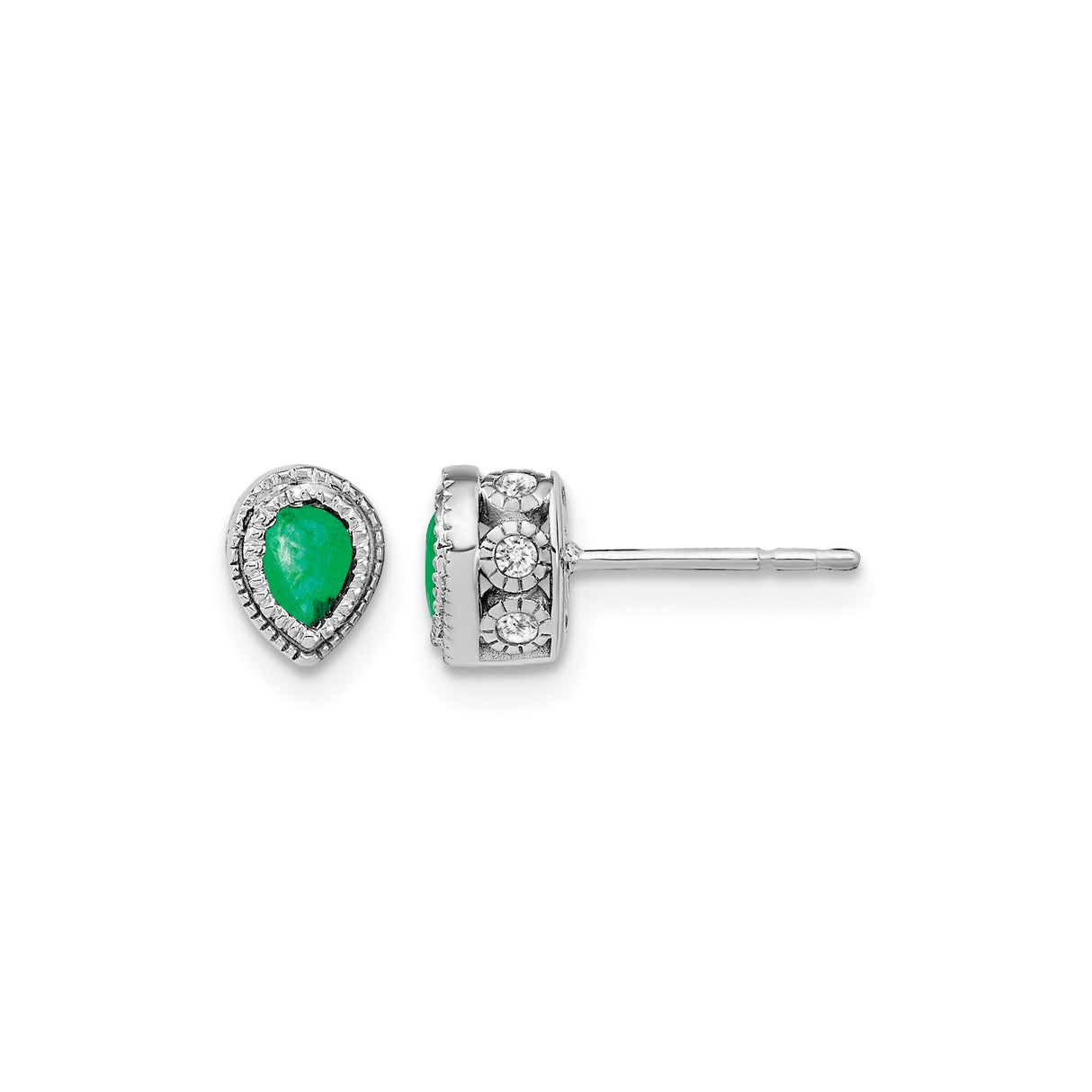 14k White Gold Earrings with Pear Shaped Emerald and Diamond Accents, Vintage Halo Studs