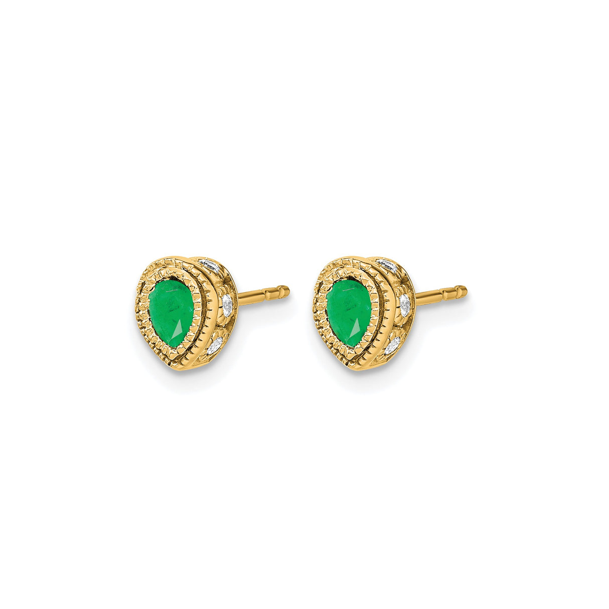14k Yellow Gold Teardrop Stud Earrings with Emerald and Diamond Accents for Women