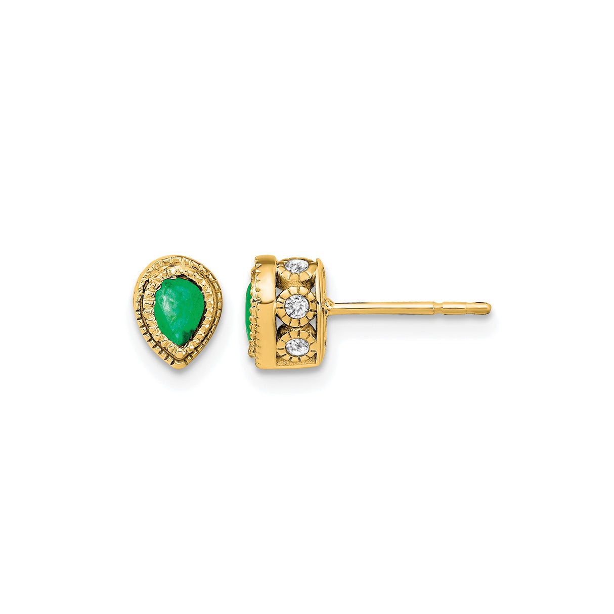 14k Yellow Gold Teardrop Stud Earrings with Emerald and Diamond Accents for Women