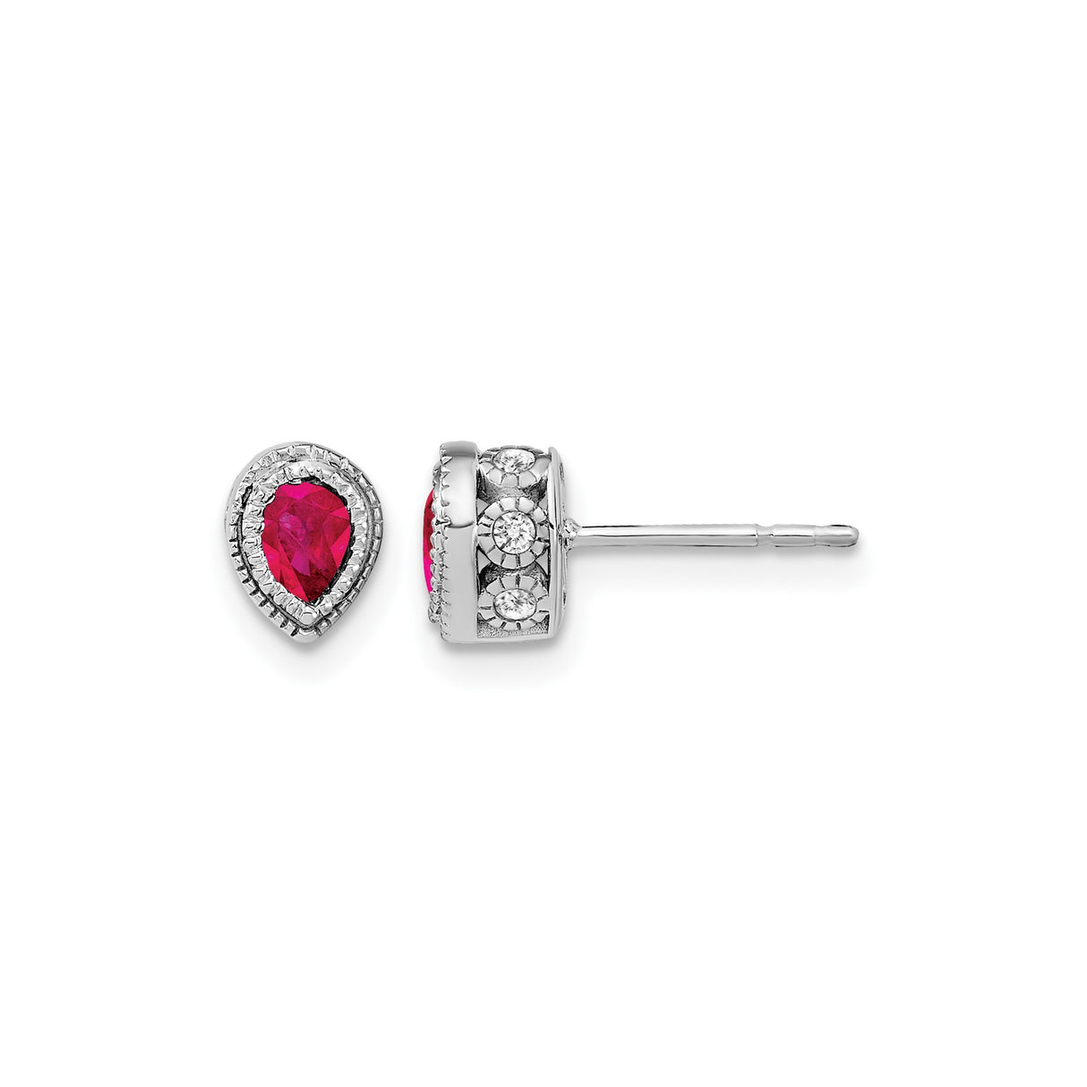 14k White Gold Teardrop Stud Earrings with Pear Shaped Ruby and Diamond Halo