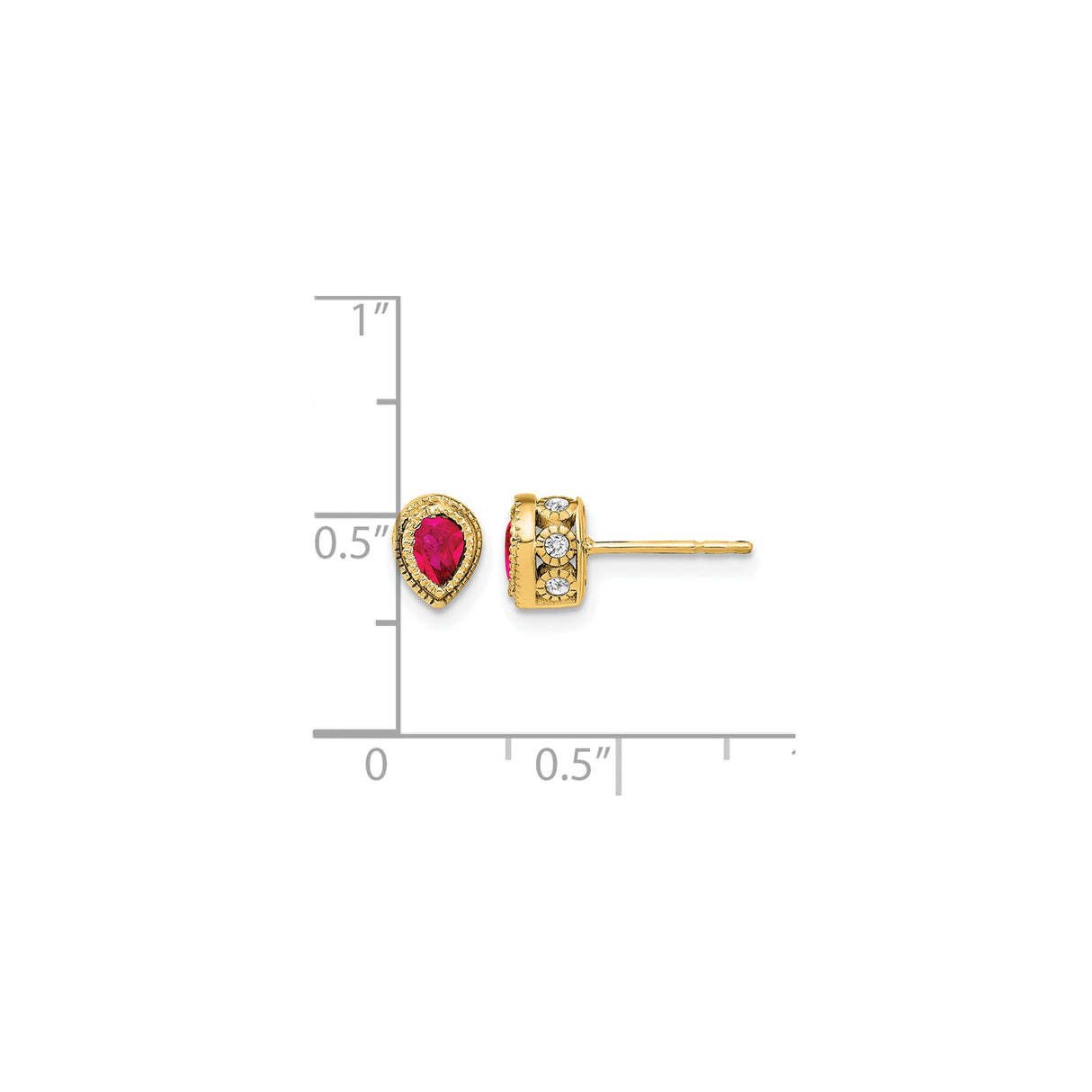 14k Yellow Gold Stud Earrings with Pear Shaped Ruby and Diamond Accents, Vintage Style