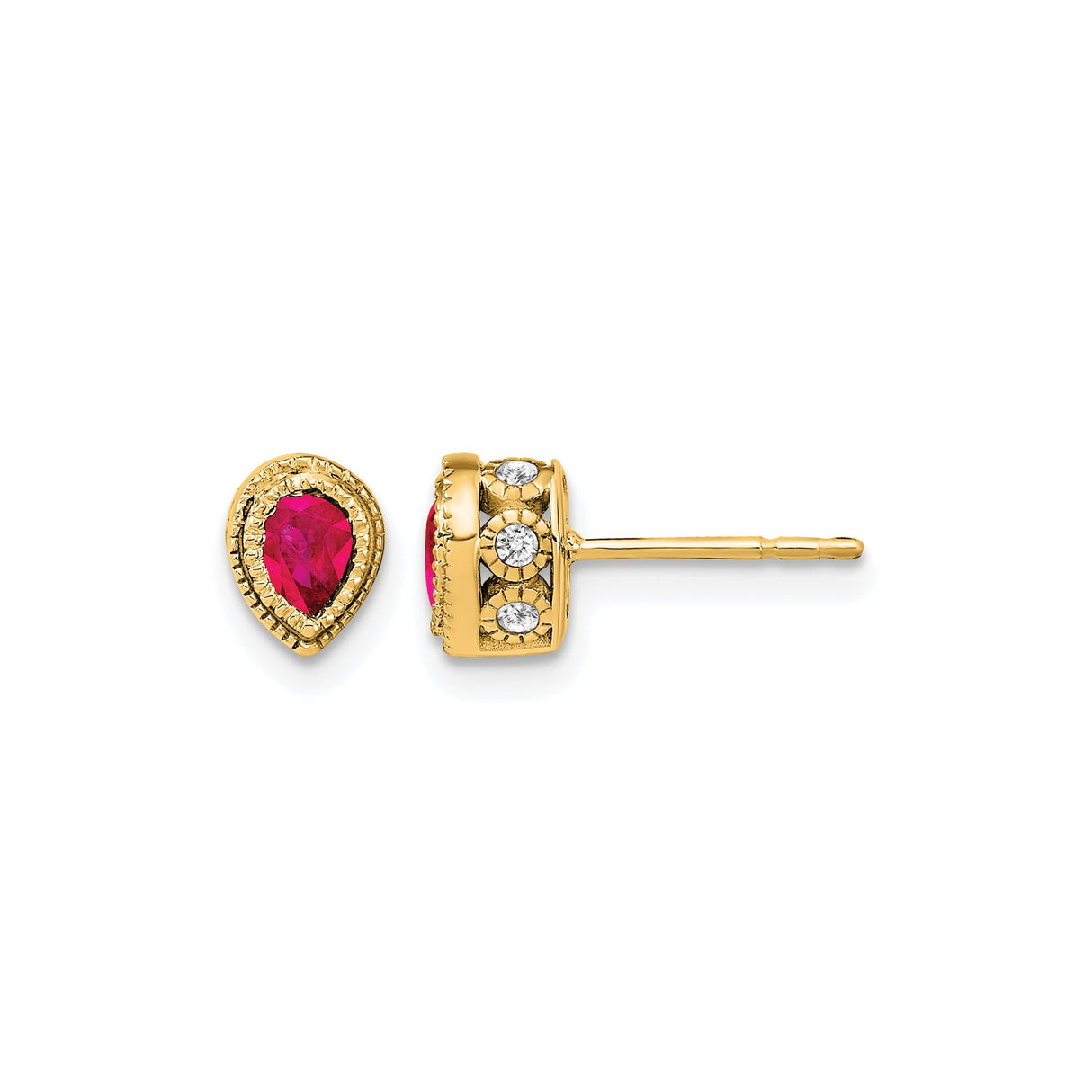 14k Yellow Gold Stud Earrings with Pear Shaped Ruby and Diamond Accents, Vintage Style