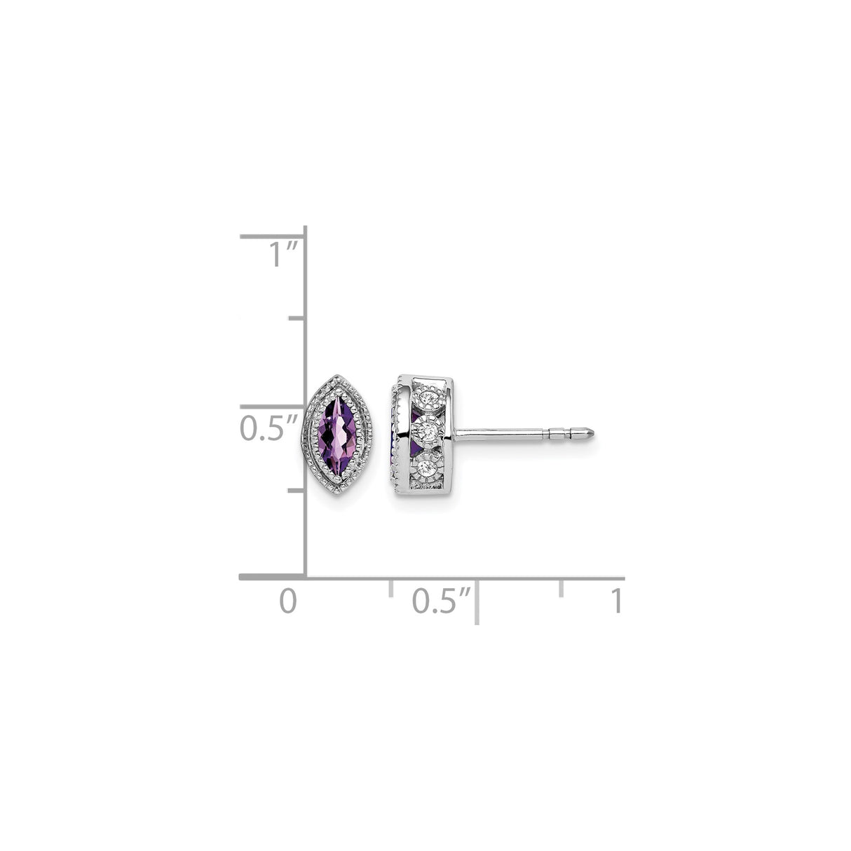 14k White Gold Stud Earrings with Marquise Amethyst and Diamond Accents, Vintage Milgrain Design