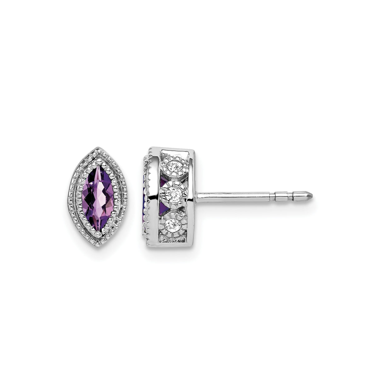 14k White Gold Stud Earrings with Marquise Amethyst and Diamond Accents, Vintage Milgrain Design