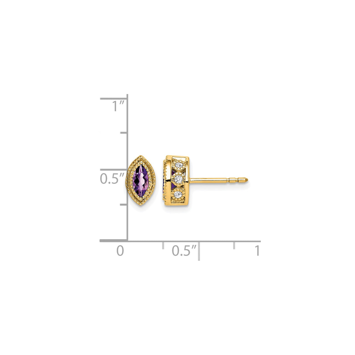14k Yellow Gold Marquise Stud Earrings with Amethyst and Diamond Accent, Vintage Inspired Design