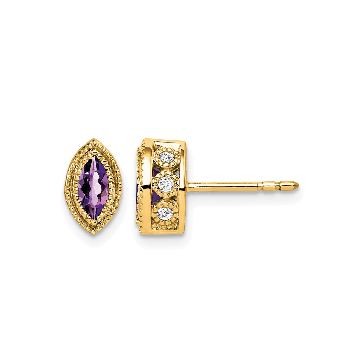 14k Yellow Gold Marquise Stud Earrings with Amethyst and Diamond Accent, Vintage Inspired Design