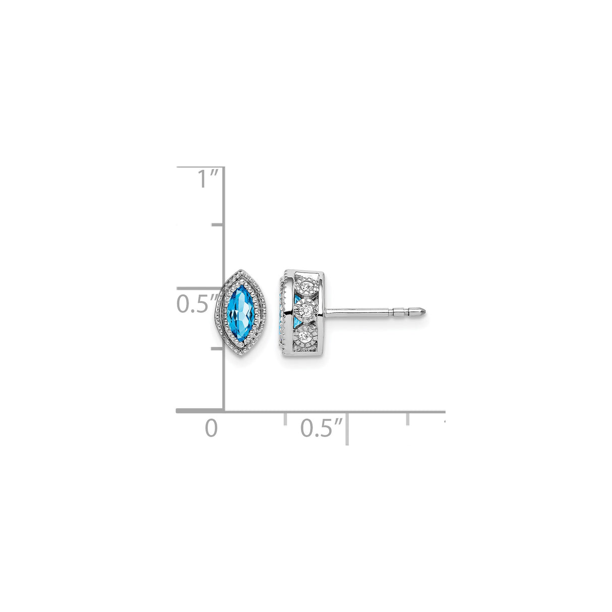 14k White Gold Stud Earrings with Swiss Blue Topaz and Diamond, Marquise Cut Vintage Halo Design