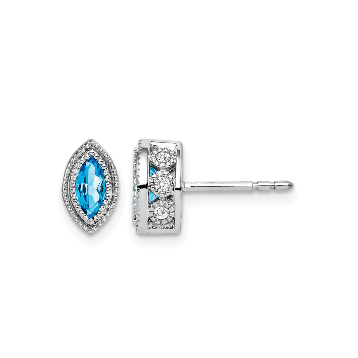 14k White Gold Stud Earrings with Swiss Blue Topaz and Diamond, Marquise Cut Vintage Halo Design