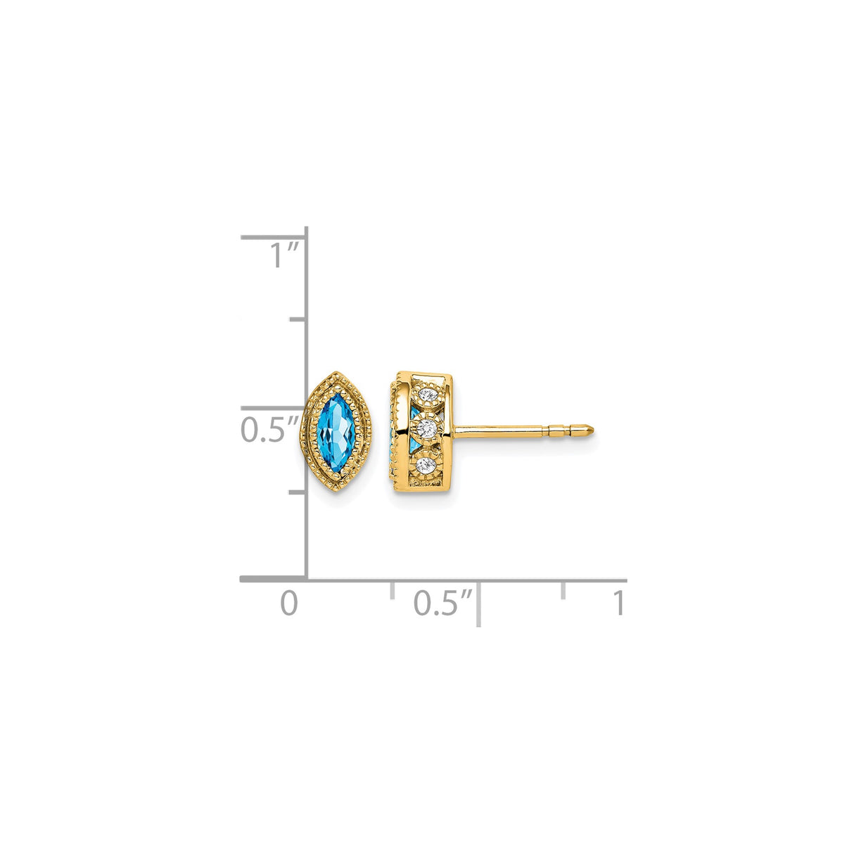 14k Yellow Gold Stud Earrings with Marquise Swiss Blue Topaz and Diamond Accents, Vintage Style