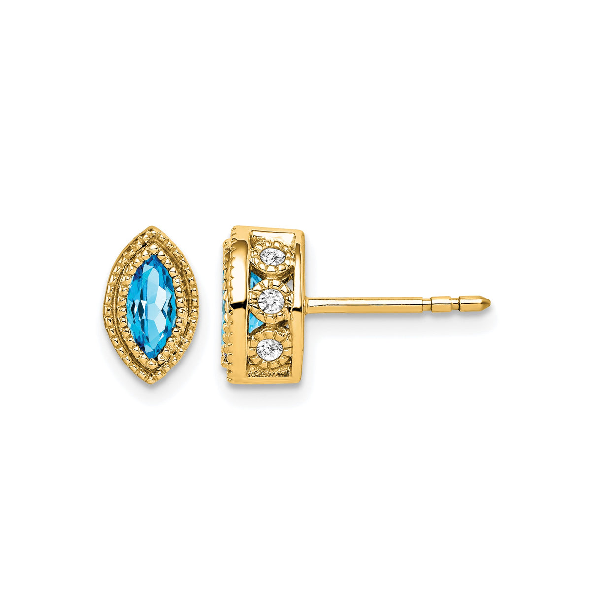 14k Yellow Gold Stud Earrings with Marquise Swiss Blue Topaz and Diamond Accents, Vintage Style