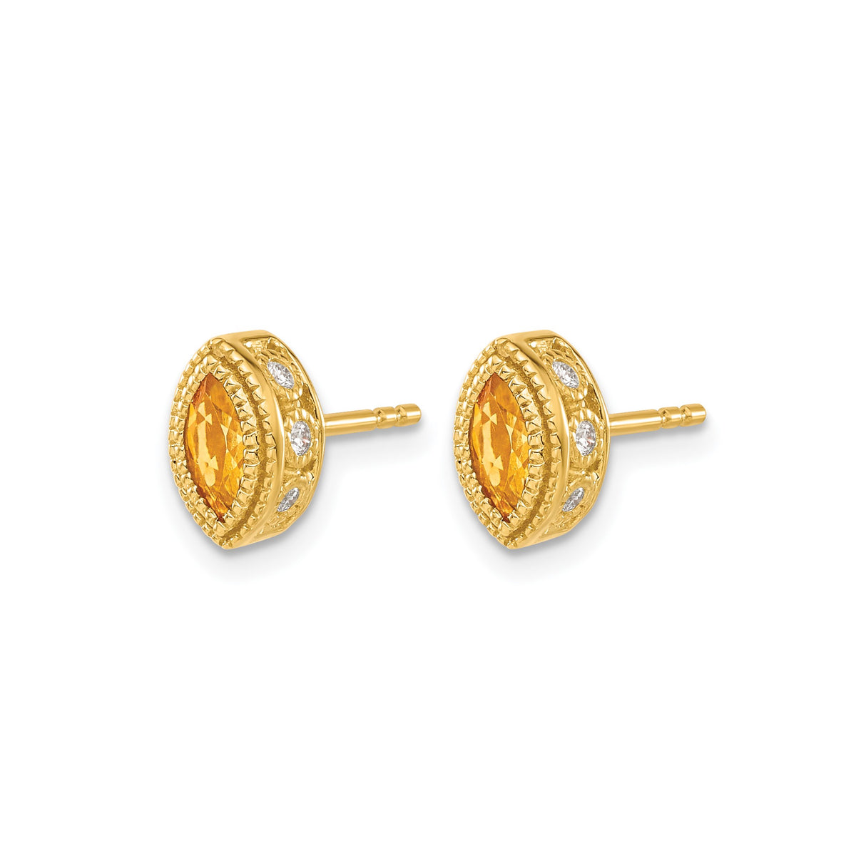 14k Yellow Gold Stud Earrings with Marquise Cut Citrine, Diamonds, and Milgrain Vintage Detailing