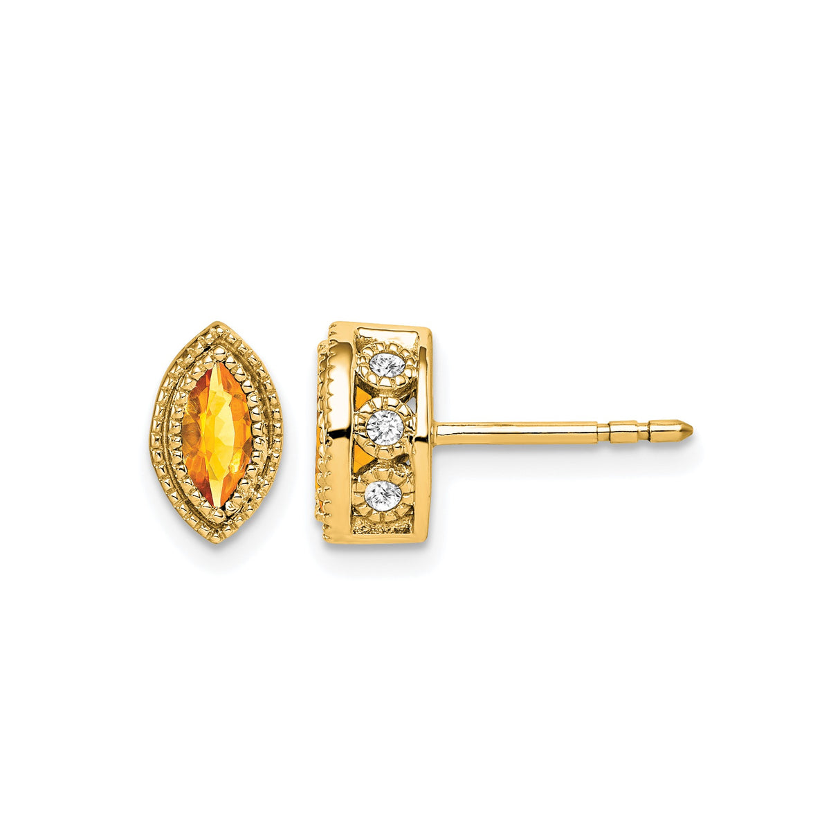 14k Yellow Gold Stud Earrings with Marquise Cut Citrine, Diamonds, and Milgrain Vintage Detailing
