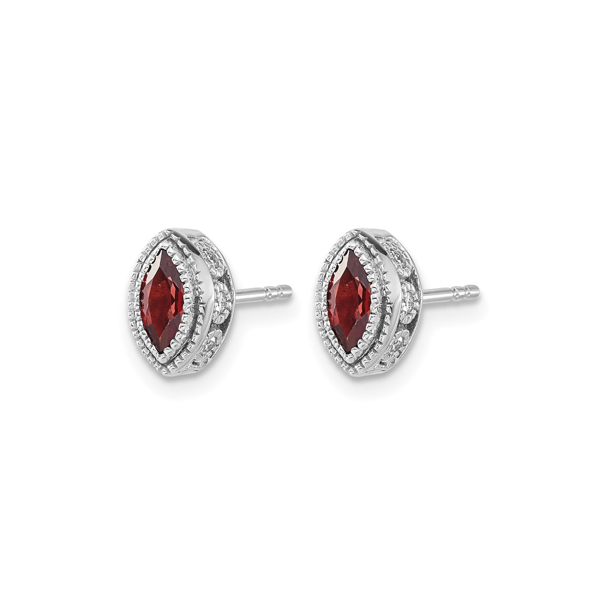 14k White Gold Stud Earrings with Marquise Garnet and Diamond, Vintage Style Milgrain Detail