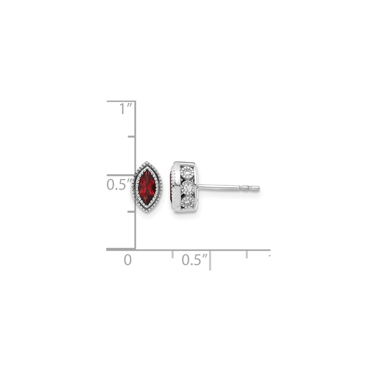 14k White Gold Stud Earrings with Marquise Garnet and Diamond, Vintage Style Milgrain Detail