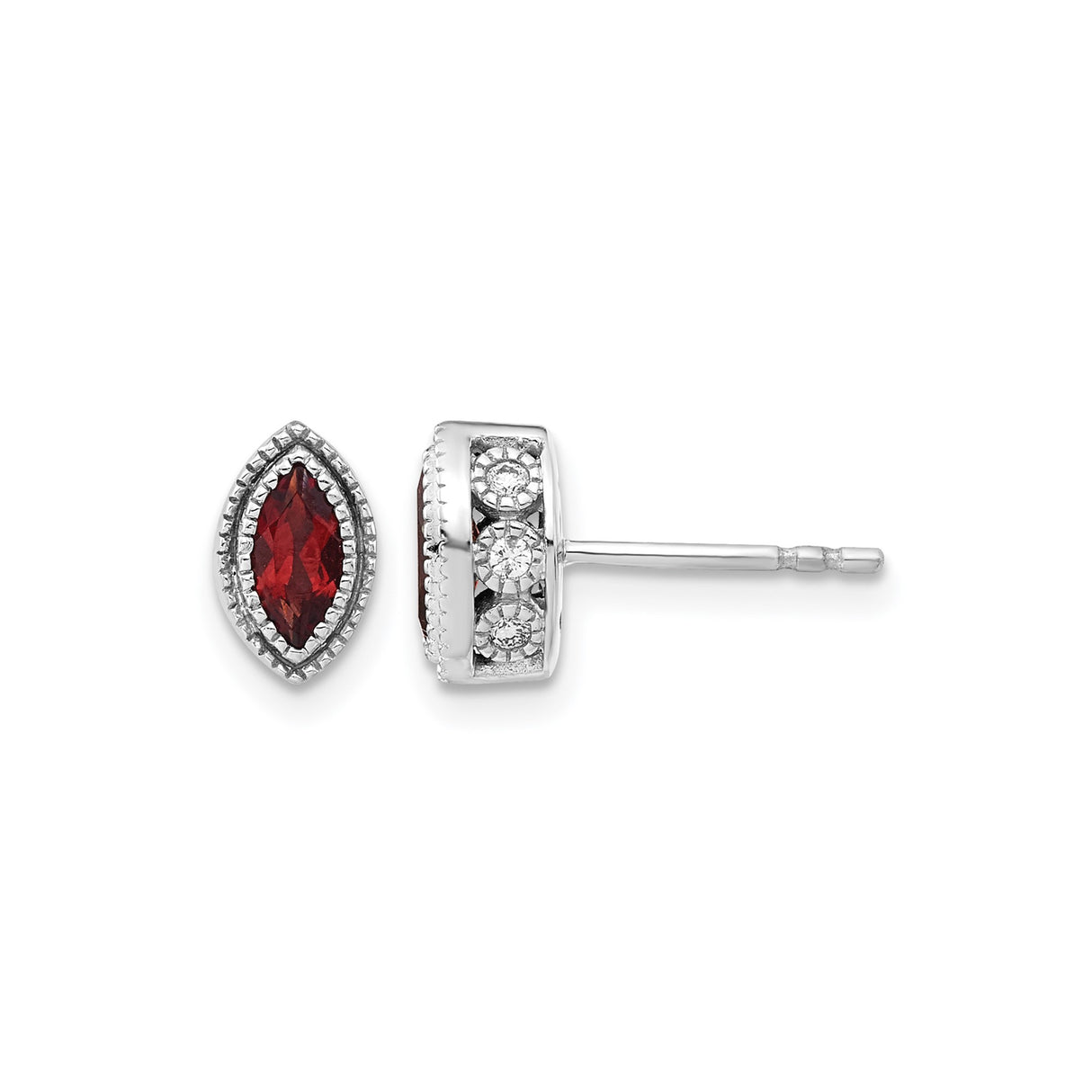 14k White Gold Stud Earrings with Marquise Garnet and Diamond, Vintage Style Milgrain Detail