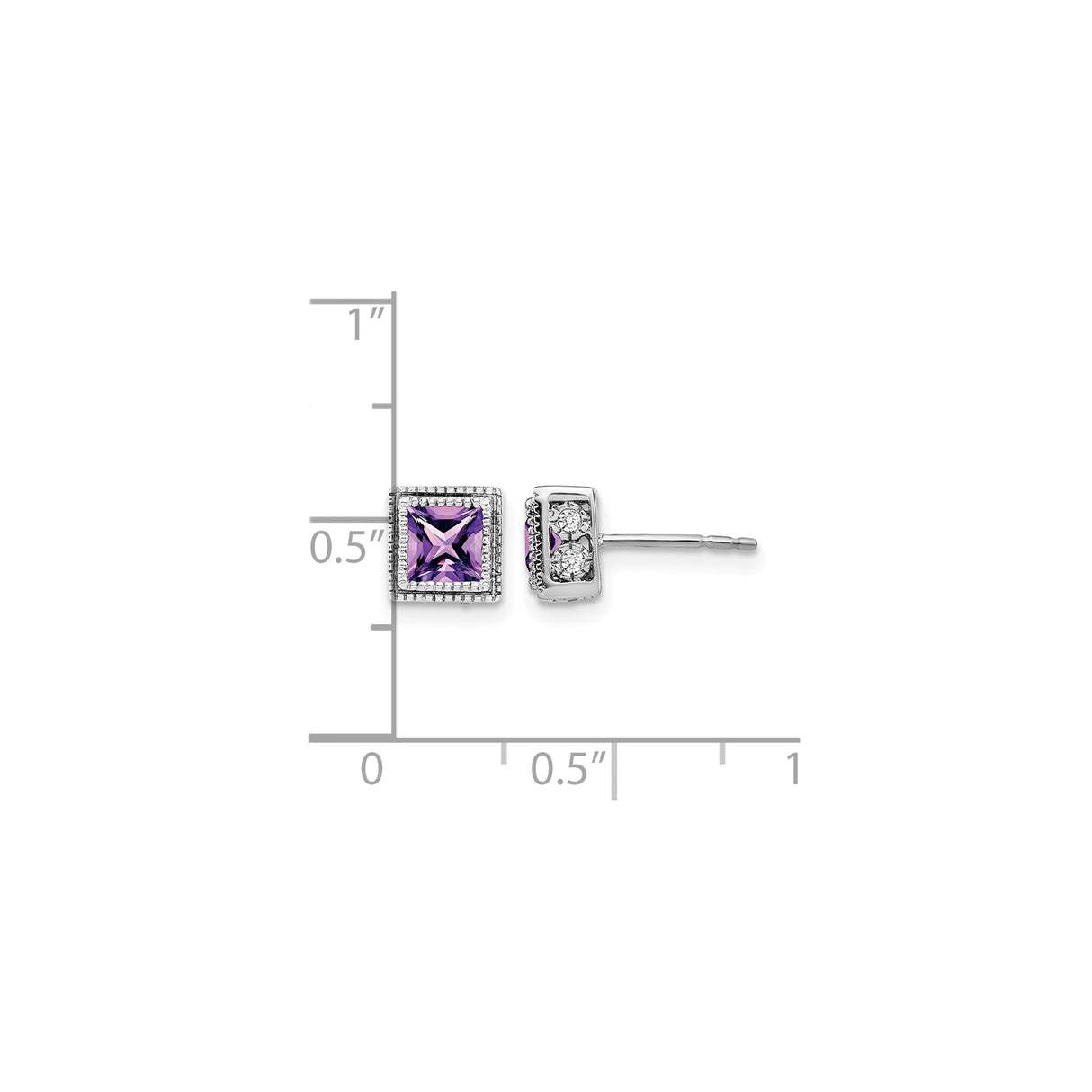 14k White Gold Amethyst Stud Earrings with Diamond Accents, Geometric Design