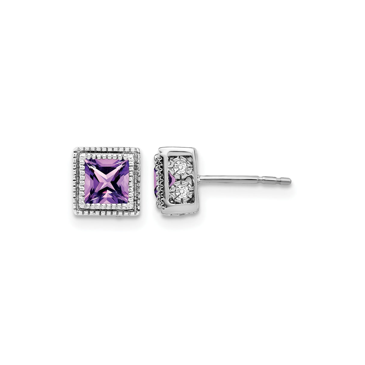 14k White Gold Amethyst Stud Earrings with Diamond Accents, Geometric Design