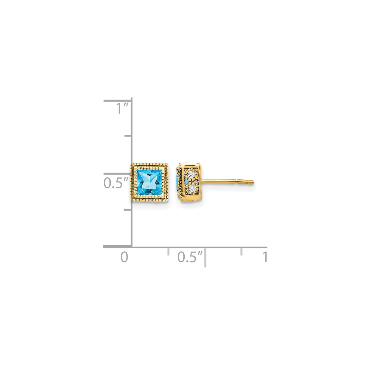 14k Yellow Gold Stud Earrings with Swiss Blue Topaz, Textured Border, Diamond Accents