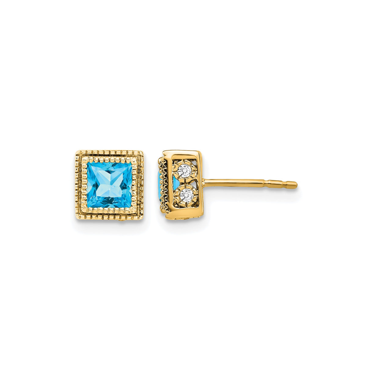 14k Yellow Gold Stud Earrings with Swiss Blue Topaz, Textured Border, Diamond Accents