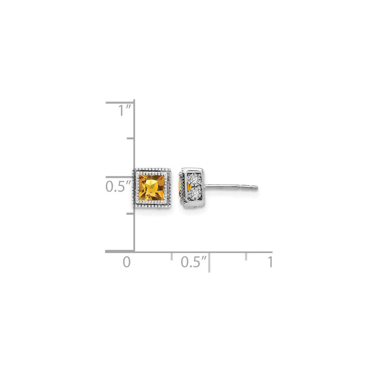 14k White Gold Stud Earrings with Princess Cut Citrine and Diamond Accents
