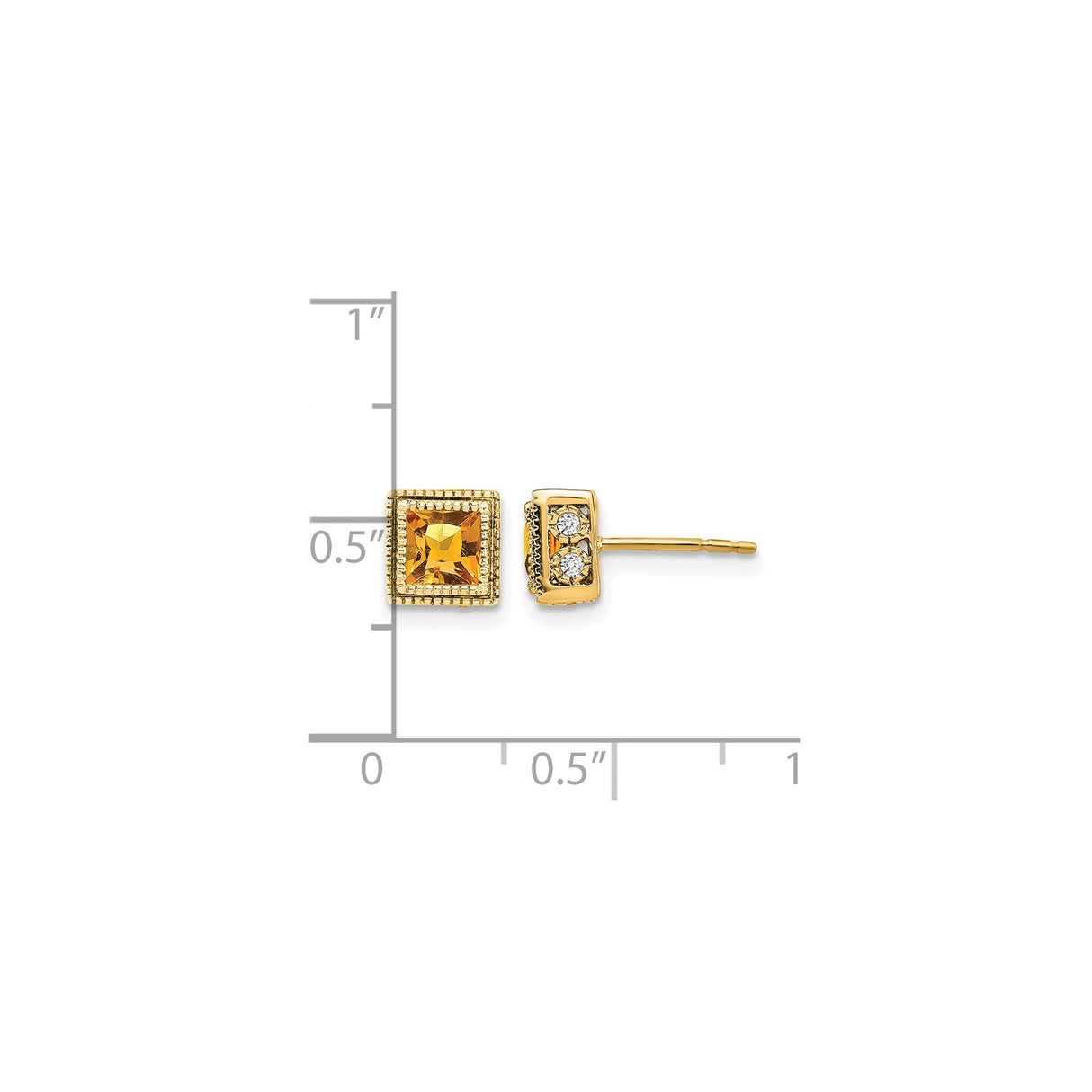 14k Yellow Gold Citrine Stud Earrings with Diamond Accents and Milgrain Border