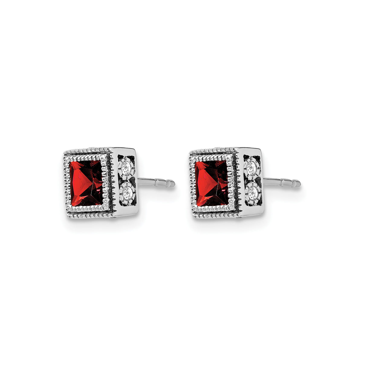14k White Gold Stud Earrings with Garnet and Diamond Accents, Classic Gemstone Design