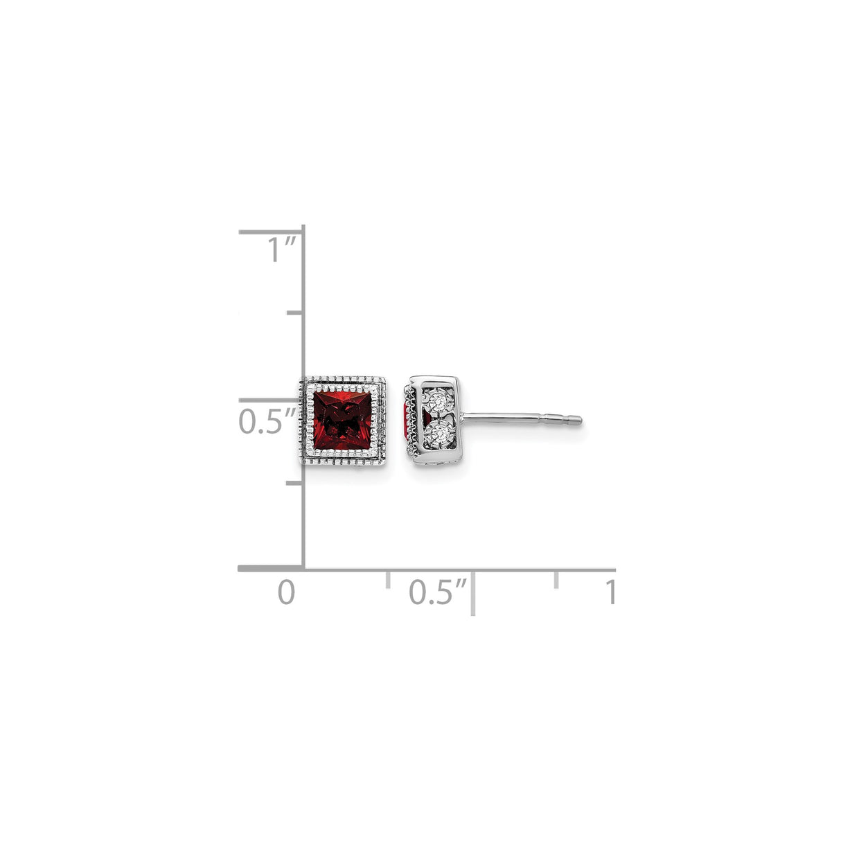 14k White Gold Stud Earrings with Garnet and Diamond Accents, Classic Gemstone Design