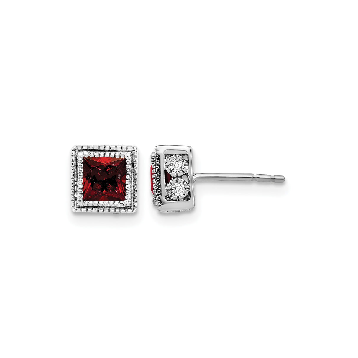 14k White Gold Stud Earrings with Garnet and Diamond Accents, Classic Gemstone Design
