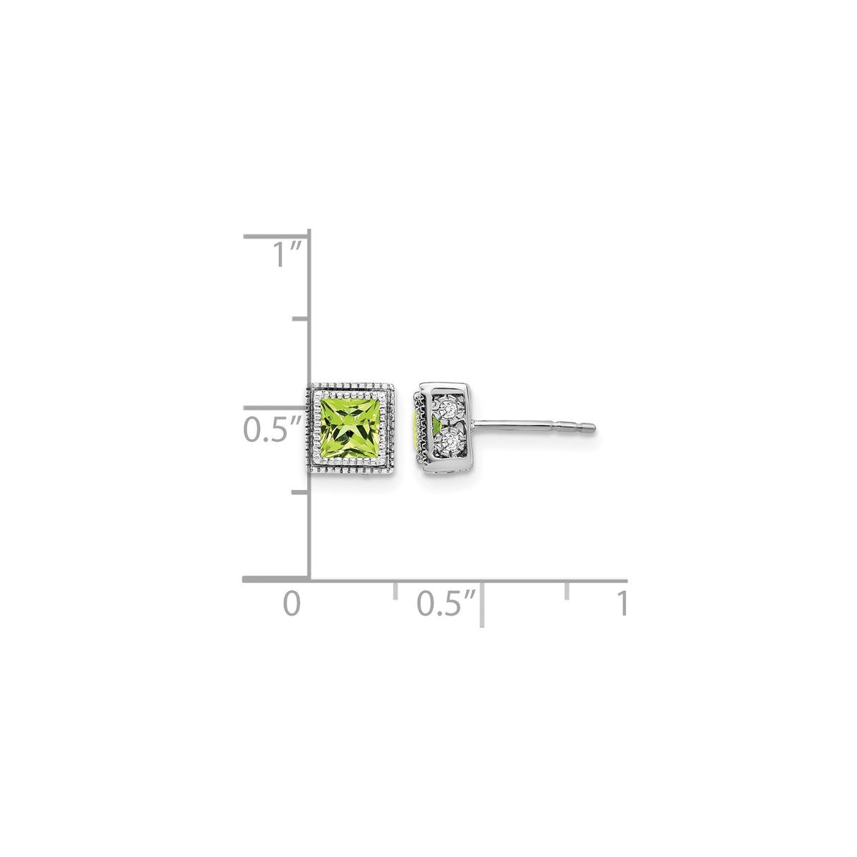 14k White Gold Stud Earrings with Princess Cut Peridot and Diamond Halo