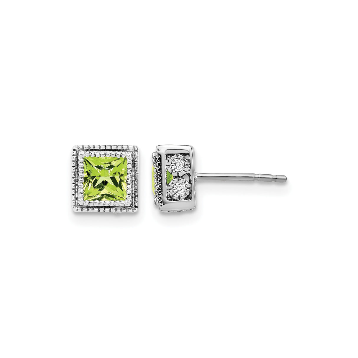 14k White Gold Stud Earrings with Princess Cut Peridot and Diamond Halo