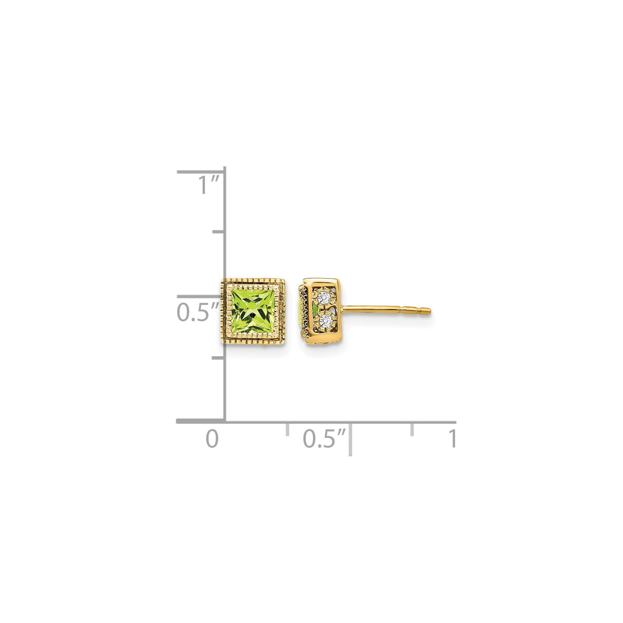 14k Yellow Gold Peridot Stud Earrings with Diamond Accents and Milgrain Detail