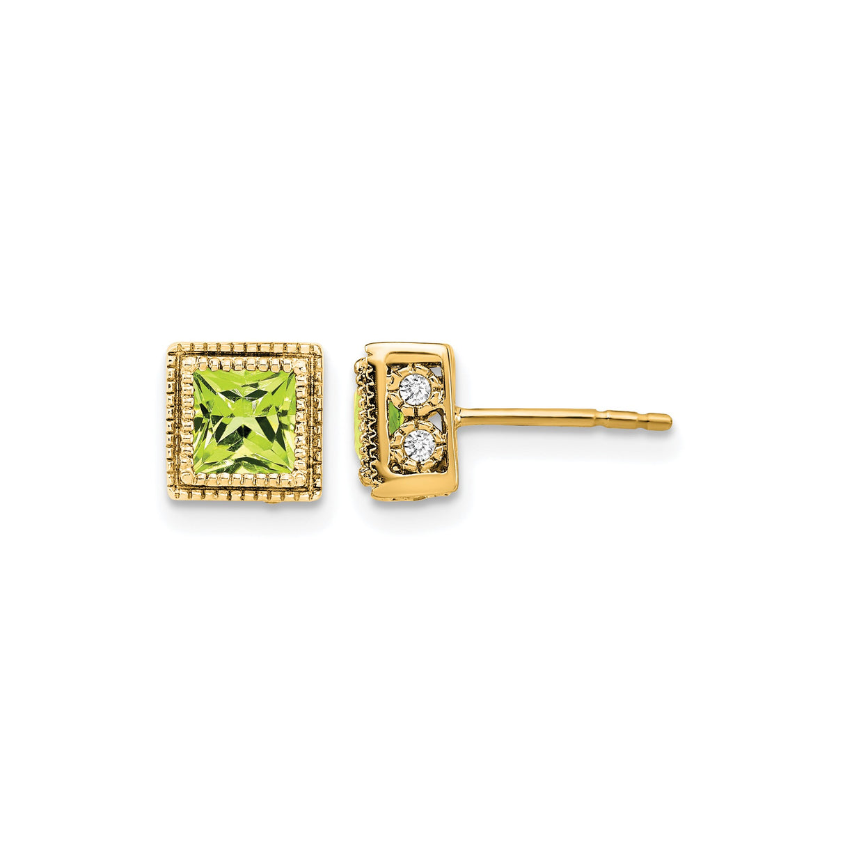 14k Yellow Gold Peridot Stud Earrings with Diamond Accents and Milgrain Detail