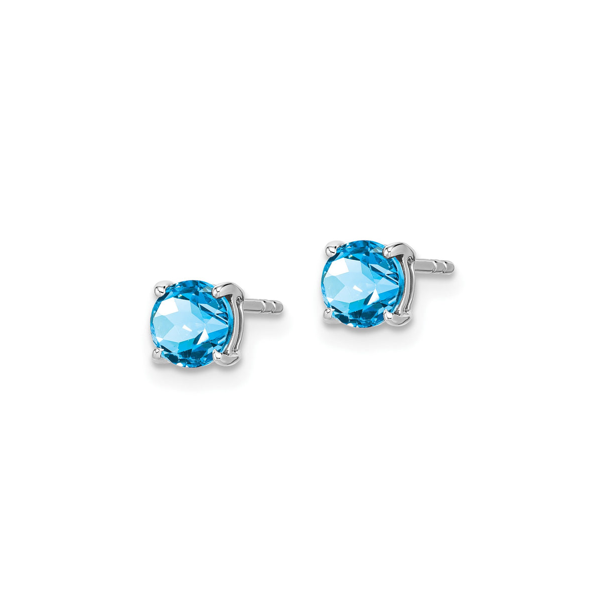 14k White Gold Stud Earrings with Swiss Blue Topaz, Round Cut, Four-Prong Setting