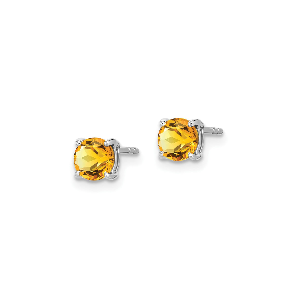 14k White Gold Citrine Stud Earrings, Round Cut Gemstone in Four-Prong Setting