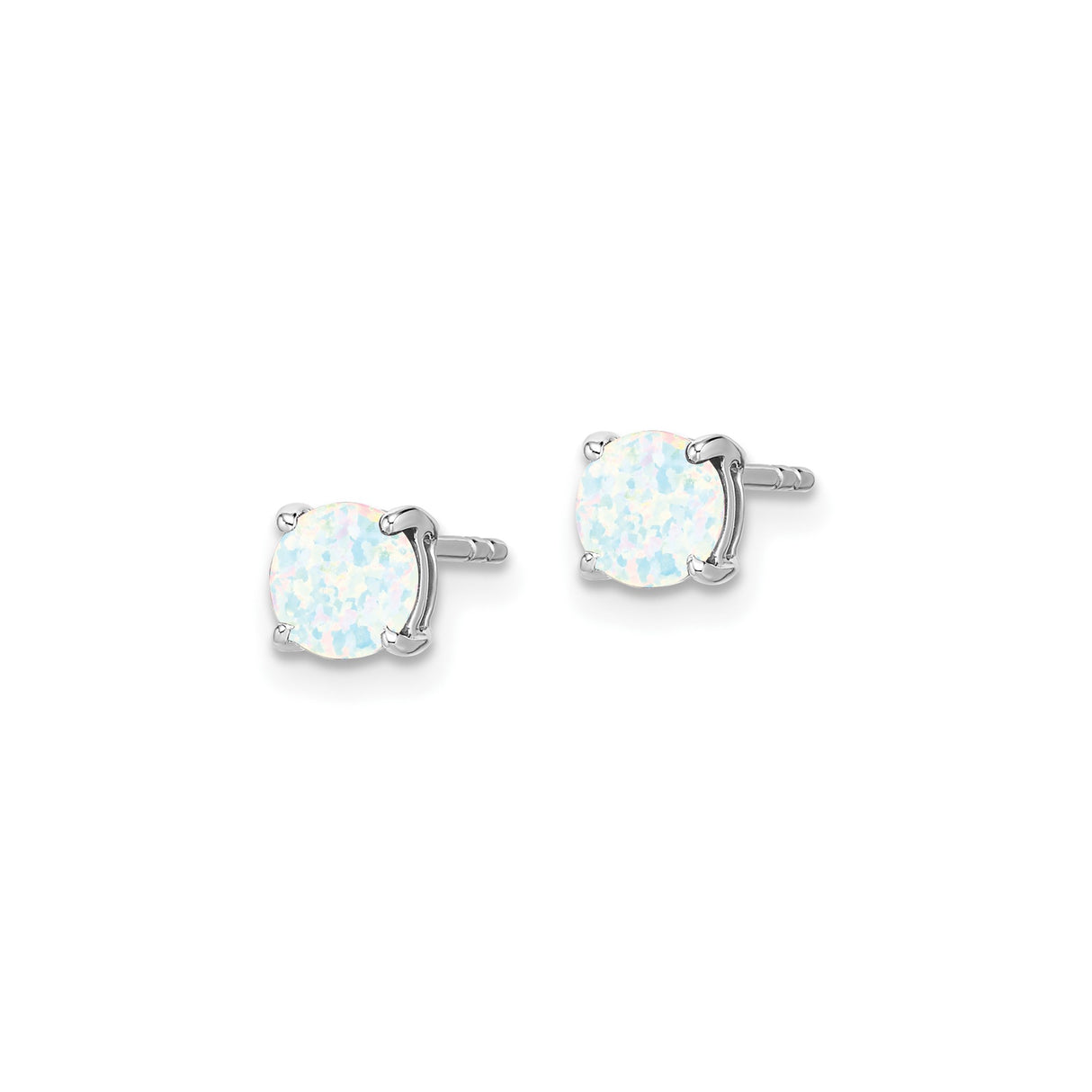 14k White Gold Stud Earrings with Created Opals, Round Four Prong Setting, Minimalist Design