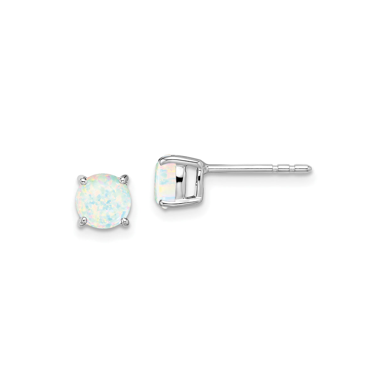 14k White Gold Stud Earrings with Created Opals, Round Four Prong Setting, Minimalist Design