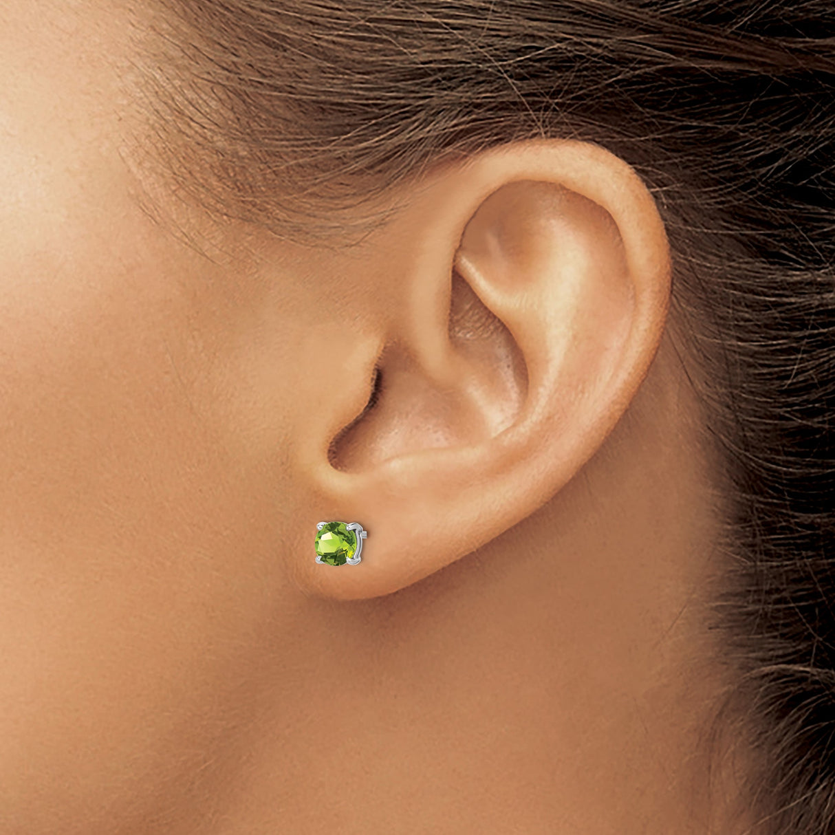14k White Gold Stud Earrings with Round Peridot in Four Prong Setting