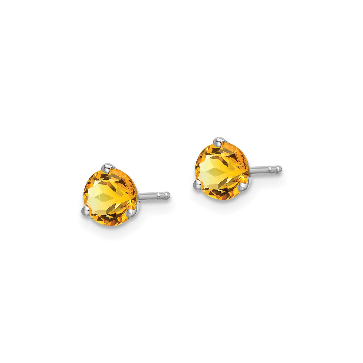 14k White Gold Citrine Stud Earrings, Round Cut Gemstone, Three Prong Minimalist Style