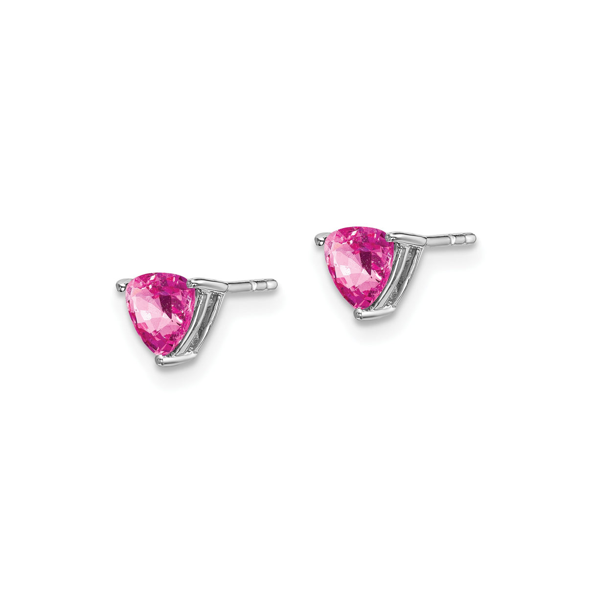 14k White Gold Pink Created Sapphire Stud Earrings, Trillion Cut, Minimalist Style