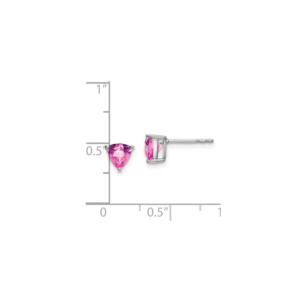 14k White Gold Pink Created Sapphire Stud Earrings, Trillion Cut, Minimalist Style