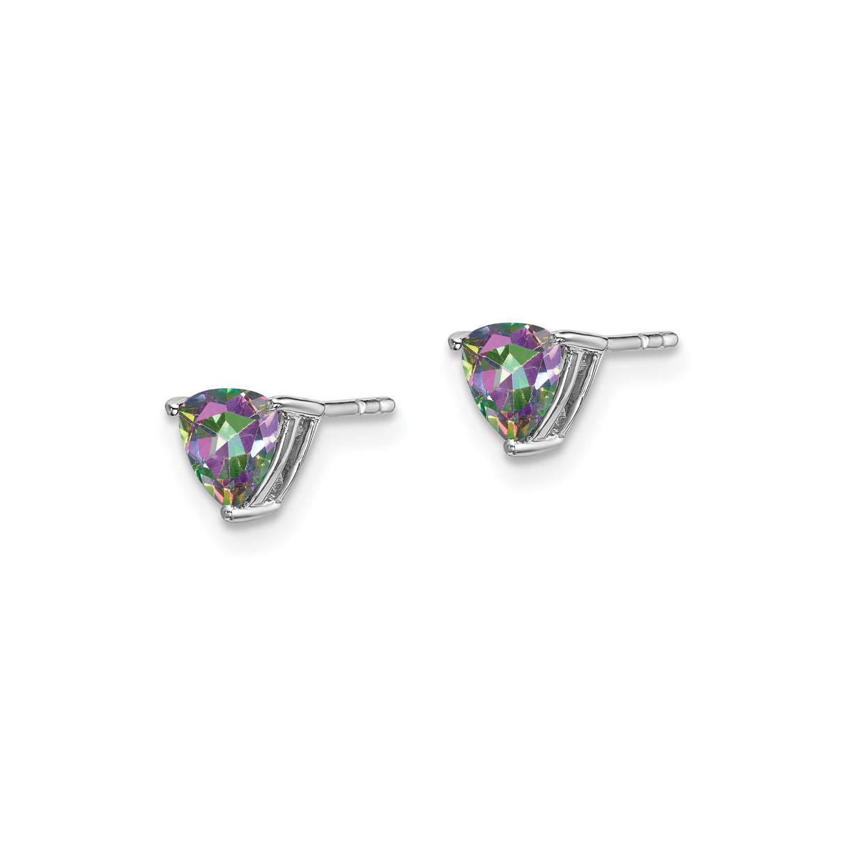 14k White Gold Stud Earrings with Trillion Cut Mystic Fire Topaz, Modern Minimalist Design